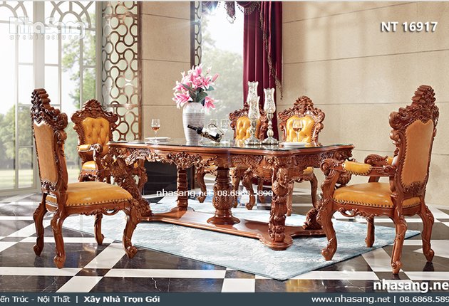 Bộ bàn ăn gỗ tân cổ điển Phượng Hoàng NT16917