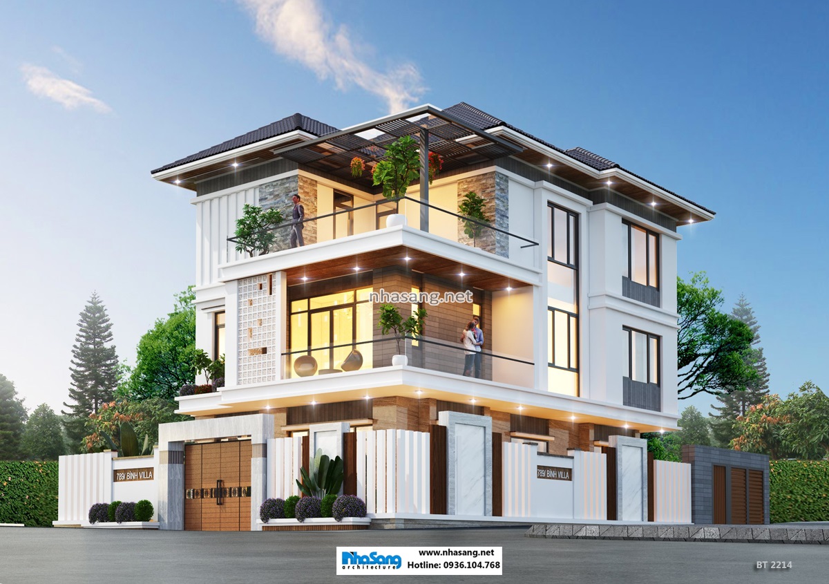 Thiết kế nhà hiện đại 3 tầng mặt tiền 9.7m lô góc tại Ninh Bình
