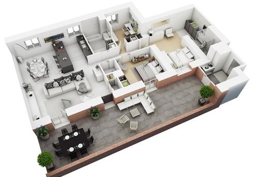 Mô hình 3D thiết kế nội thất căn hộ chung cư 100m2 3 phòng ngủ NT16601 - Phần 1