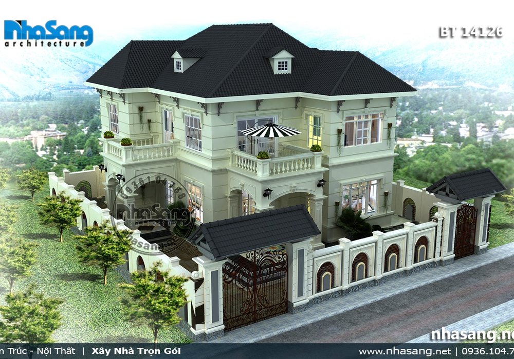 Mẫu thiết kế nhà biệt thự kiểu pháp đẹp 3 tầng 11m x 12,5m BT14126 - nhà phố 2 tầng