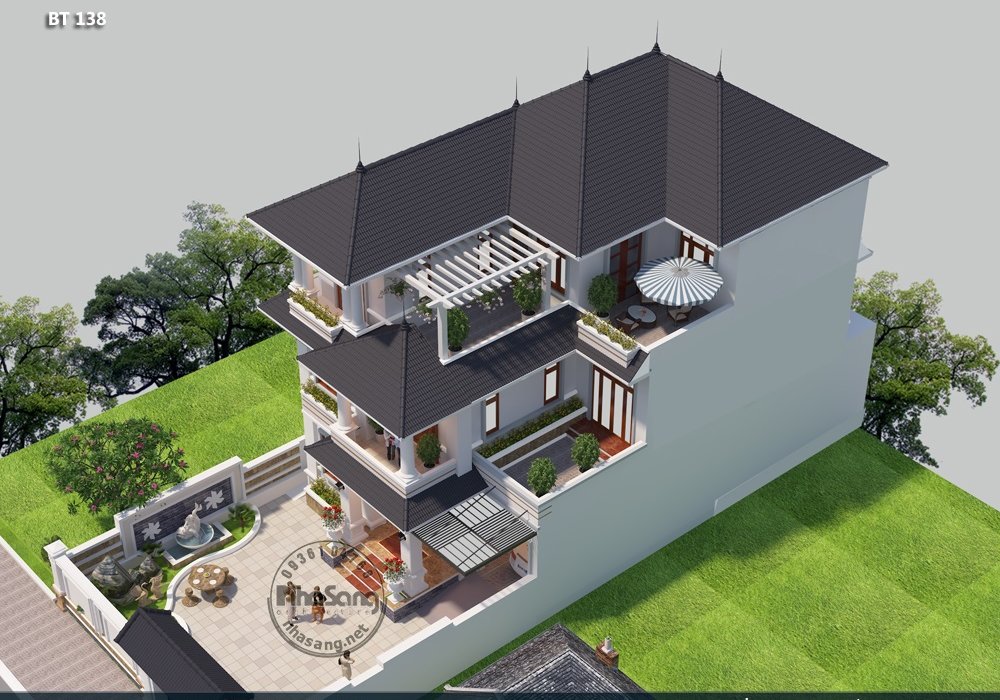 Mẫu biệt thự mái thái 3 tầng kiểu Pháp công năng đẹp BT138
