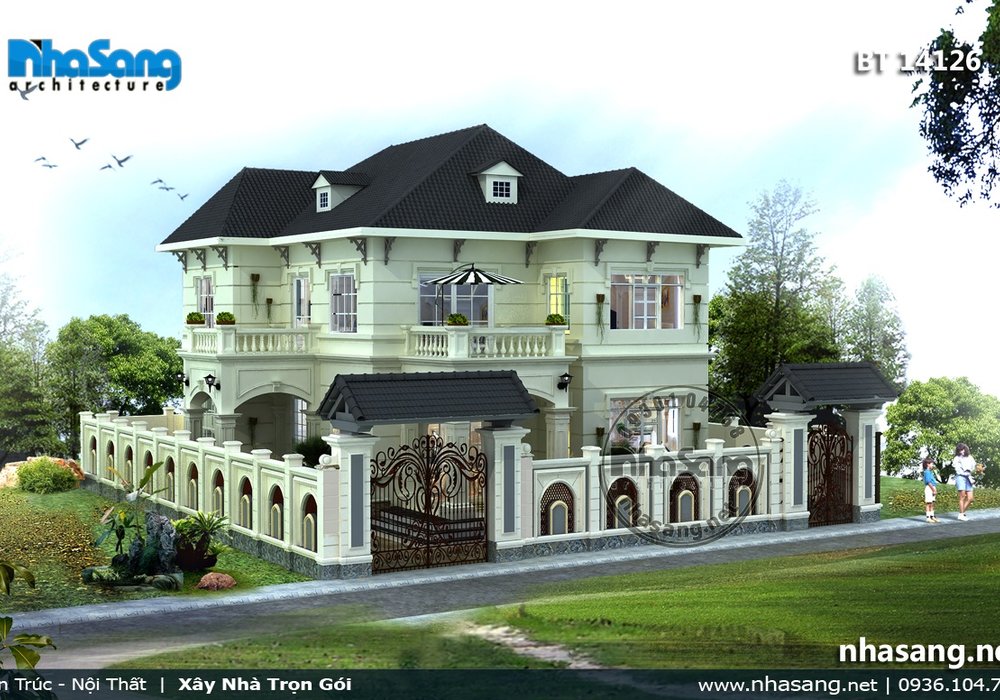 Mẫu thiết kế nhà biệt thự kiểu pháp đẹp 3 tầng 11m x 12,5m BT14126 - nhà phố 2 tầng