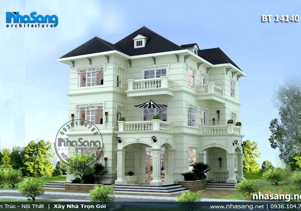 Mẫu thiết kế Nhà 3 tầng đẹp 13,3m x 13,3m BT14140