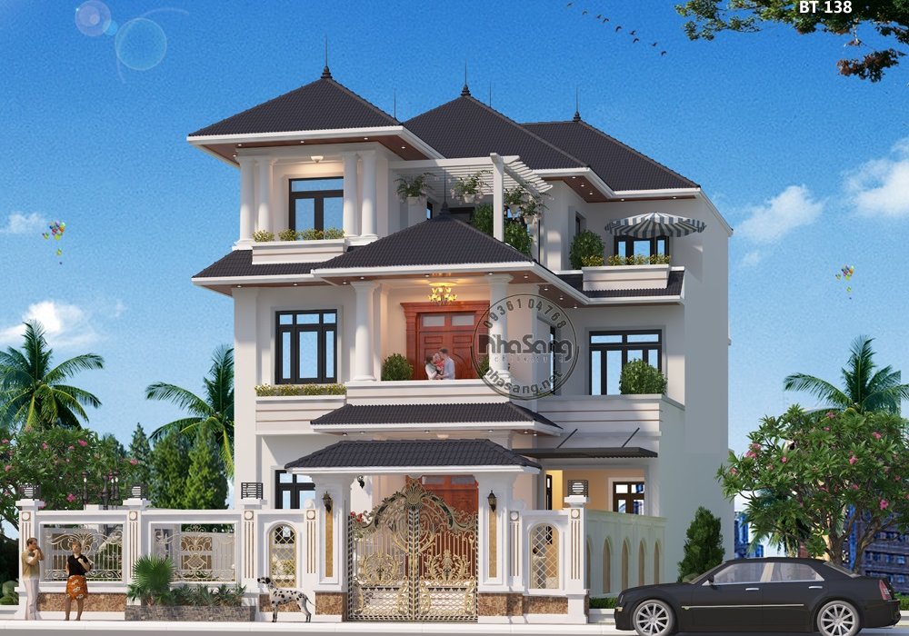 Mẫu biệt thự mái thái 3 tầng kiểu Pháp công năng đẹp BT138