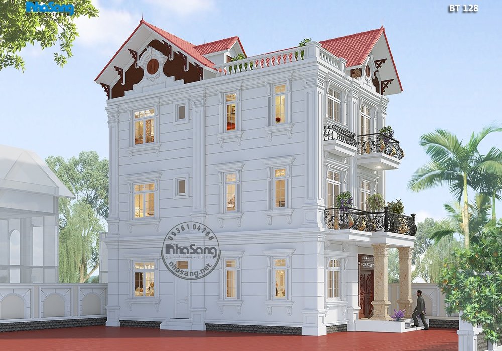 Thiết kế biệt thự 3 tầng mini tân cổ điển Pháp có thang máy BT128