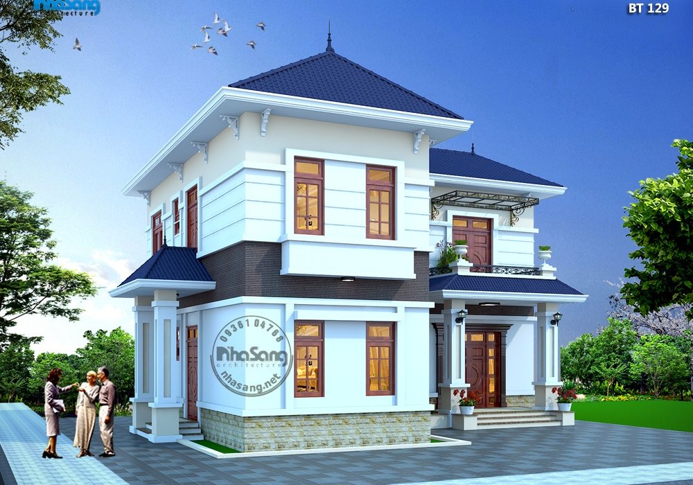Nhà vườn 2 tầng đẹp ở nông thôn 120m2 chữ L mái thái BT129