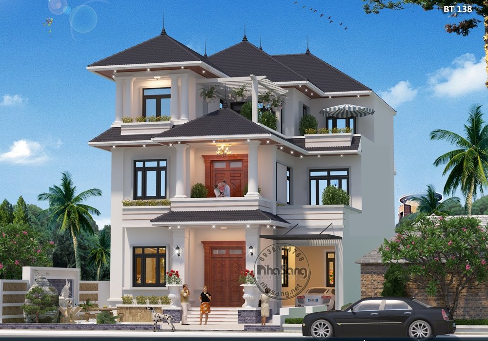 Mẫu biệt thự mái thái 3 tầng kiểu Pháp công năng đẹp BT138