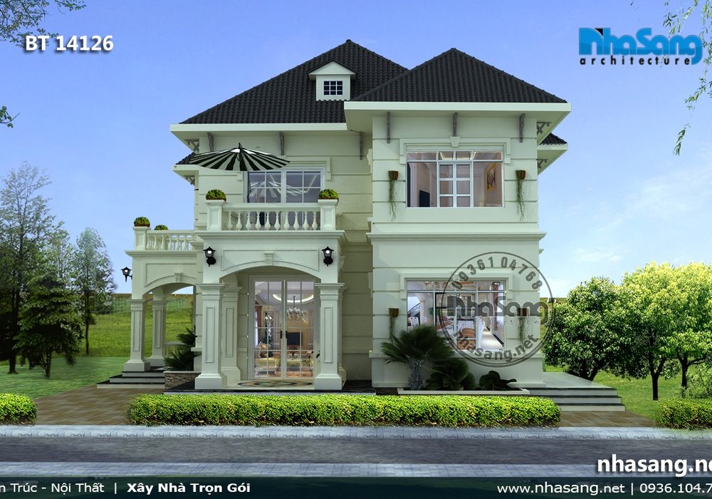 Mẫu thiết kế nhà biệt thự kiểu pháp đẹp 3 tầng 11m x 12,5m BT14126 - nhà phố 2 tầng