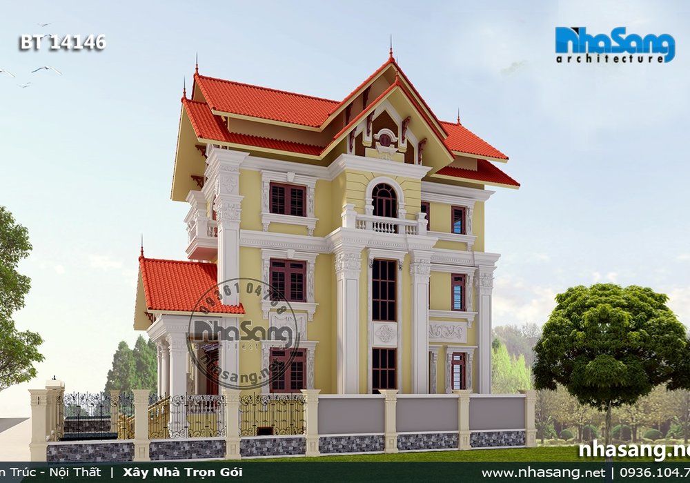 Mẫu thiết kế NHÀ BIỆT THỰ kiểu PHÁP đẹp 3 tầng 1 trệt mặt tiền 9,4m BT14146 - thiet ke nha 2 tầng dep