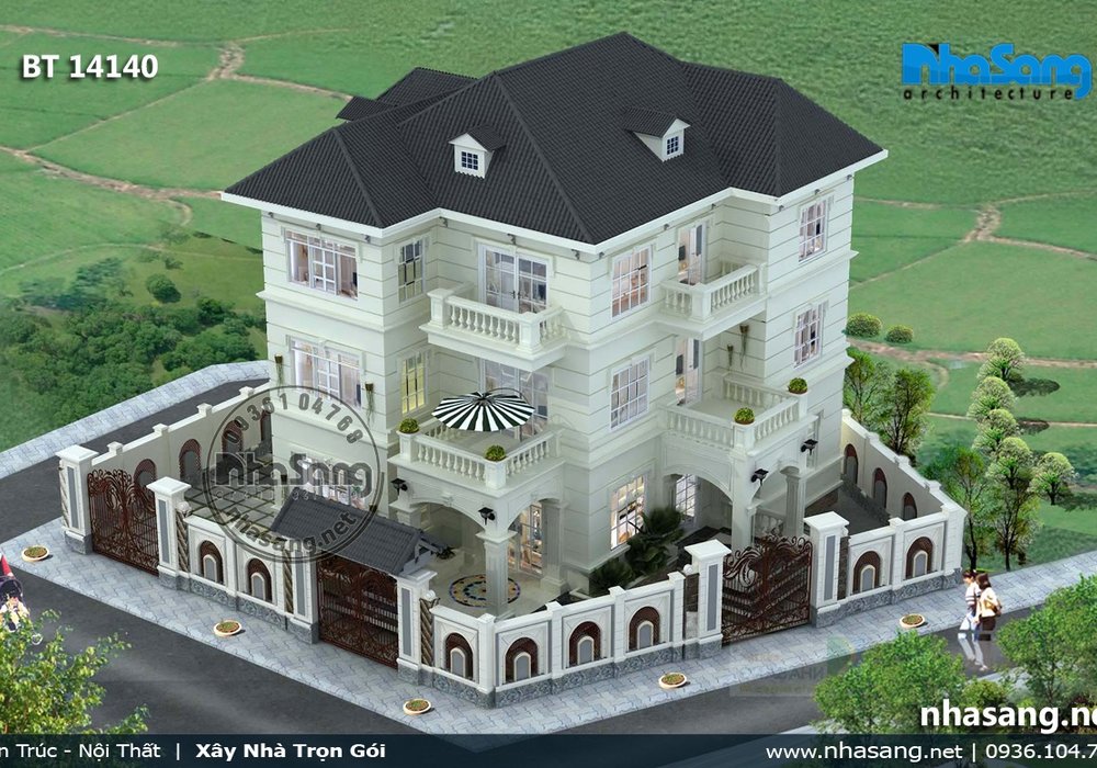 Mẫu thiết kế Nhà 3 tầng đẹp 13,3m x 13,3m BT14140