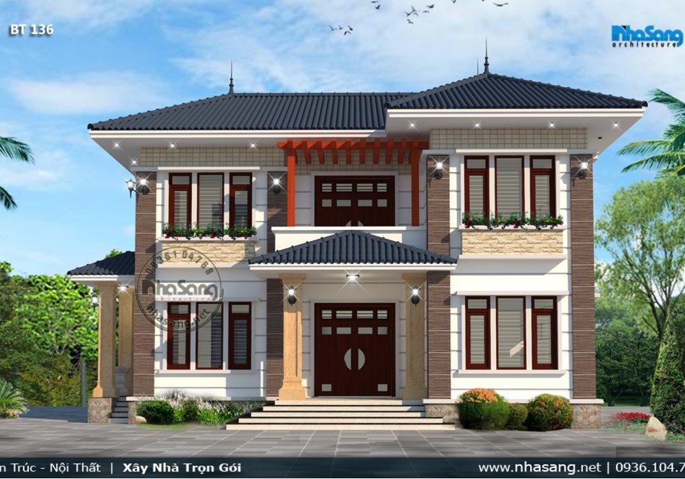 Thiết kế biệt thự vườn 150m2 2 tầng mặt tiền 12m x 13m BT136