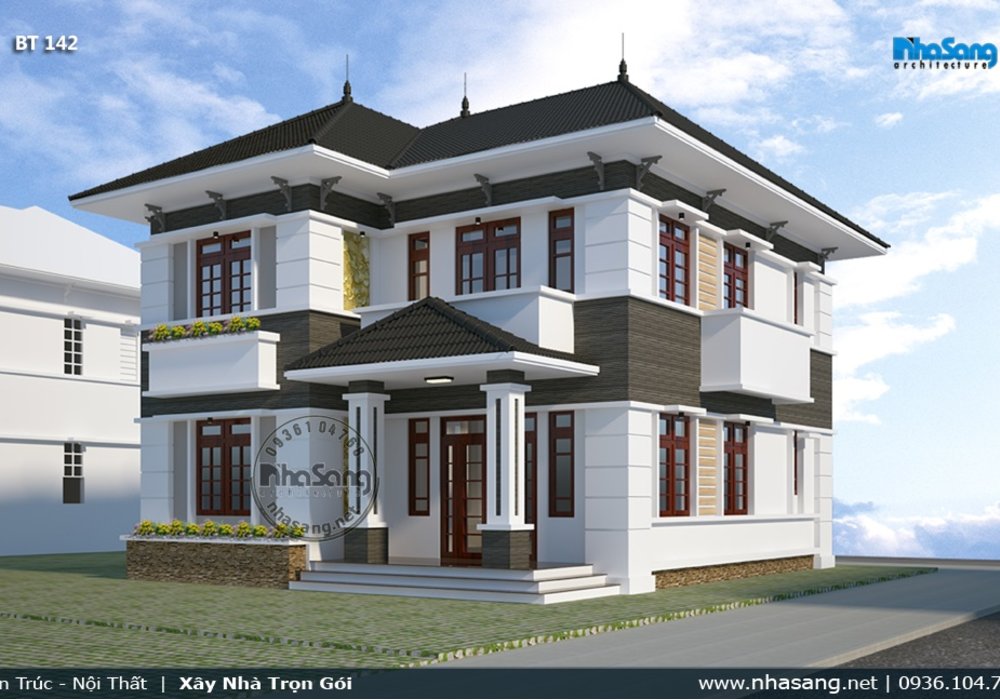 Mẫu nhà vườn 2 tầng Châu Âu mái thái chuẩn mực BT142