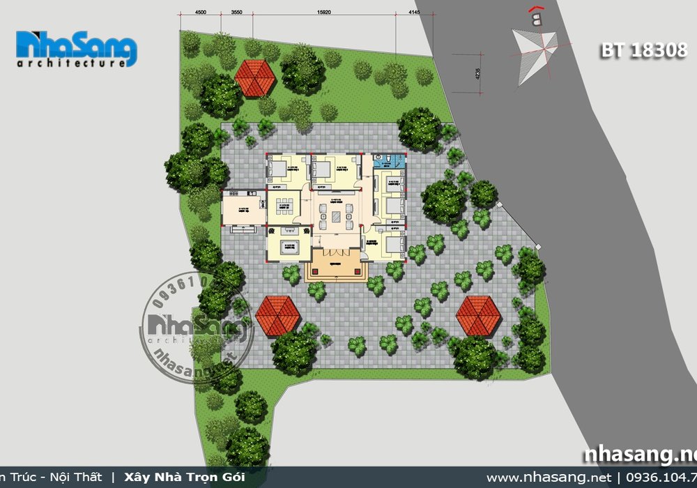 Nhà vườn 1 tầng đẹp ở nông thôn với 4 phòng ngủ BT18308