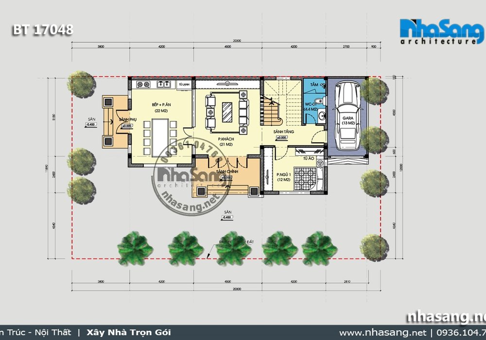 Thiết kế nhà vườn chữ L mái thái kiểu Châu Âu BT17048