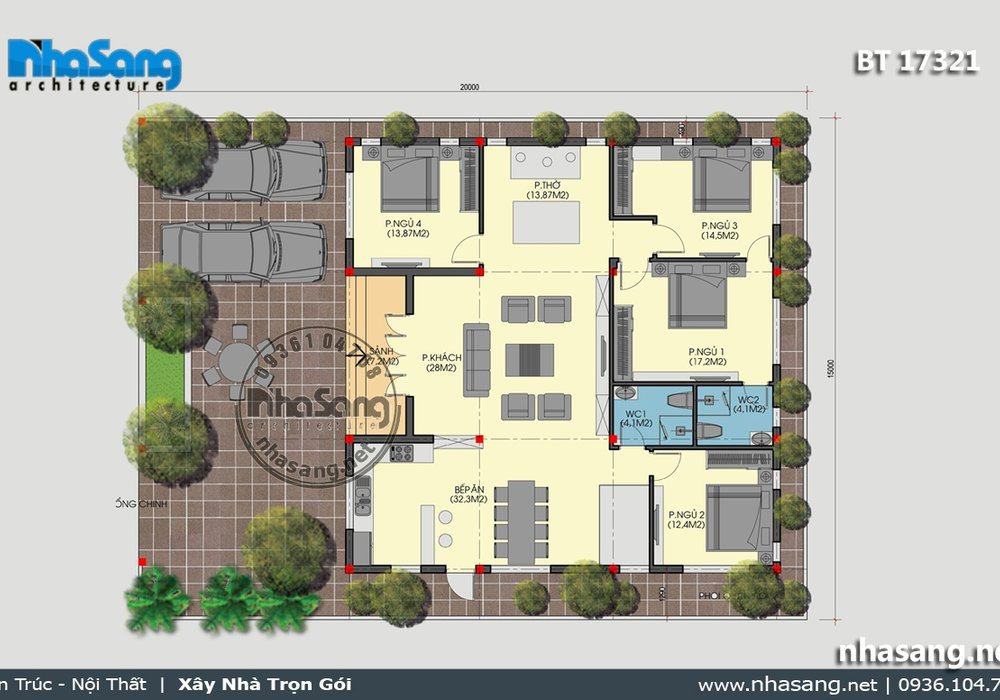 5 kiểu Biệt thự vườn 1 tầng 4 phòng ngủ BT17321 | 999 Nhà vườn đẹp cập nhật liên tục