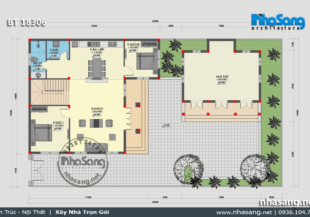 Mẫu nhà vườn nông thôn đẹp khuôn viên có nhà thờ BT18306