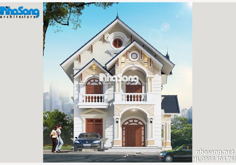 Mẫu nhà vườn 2 tầng đẹp mái thái tân cổ điển BT14176