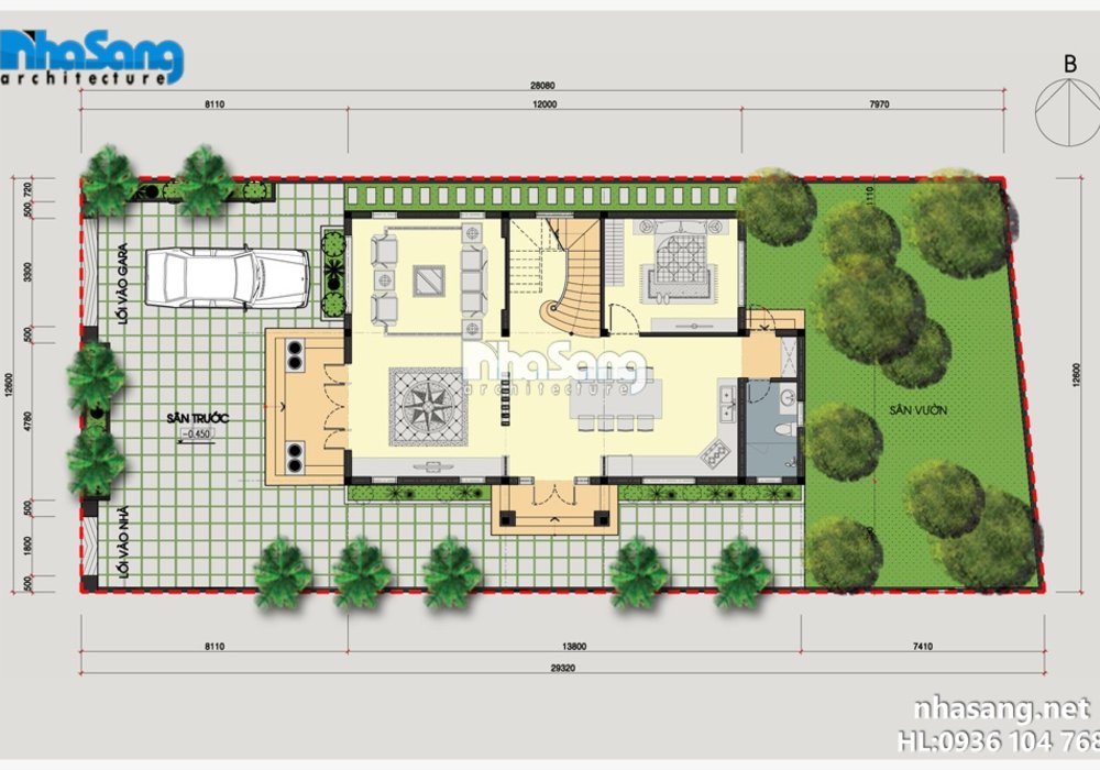 Mẫu nhà vườn 2 tầng đẹp mái thái tân cổ điển BT14176