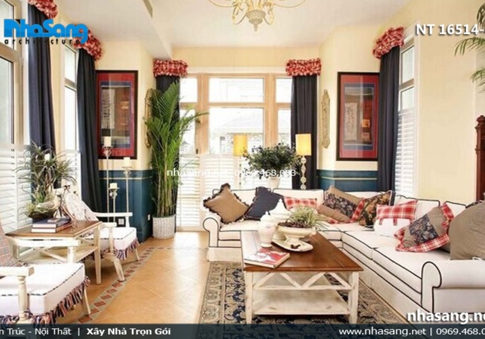 Mẫu phòng khách nhà ống 5m phong cách Á Đông NT16514