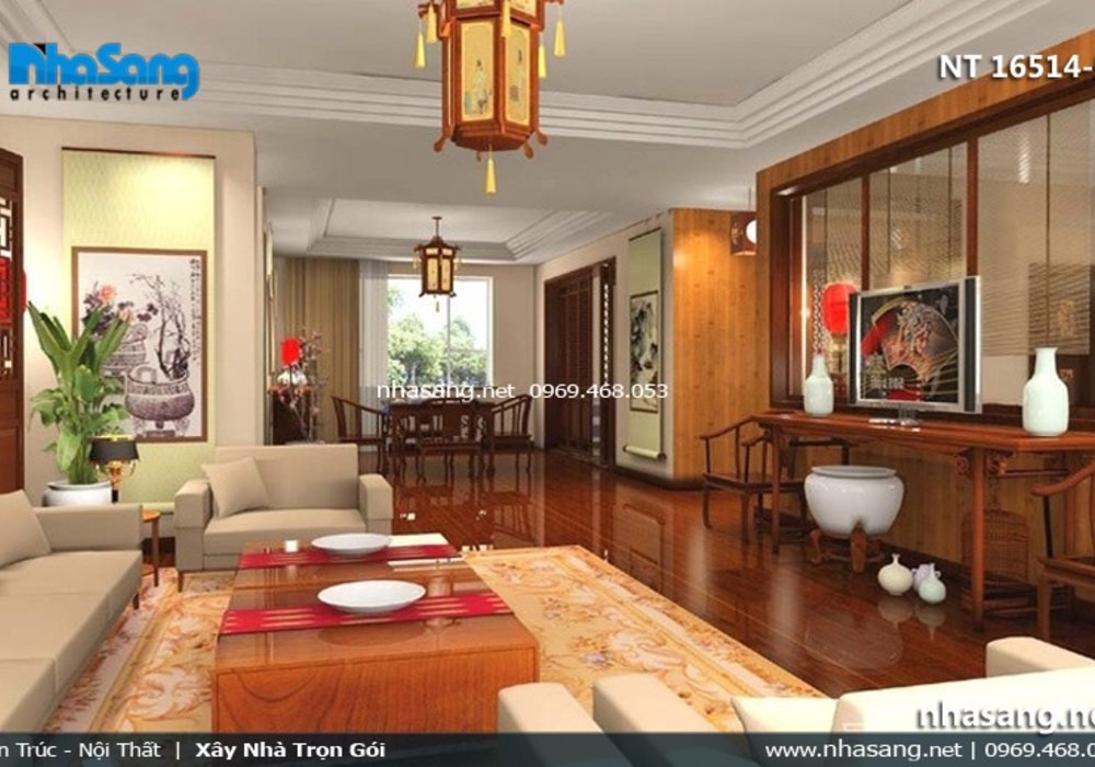 Mẫu phòng khách nhà ống 5m phong cách Á Đông NT16514