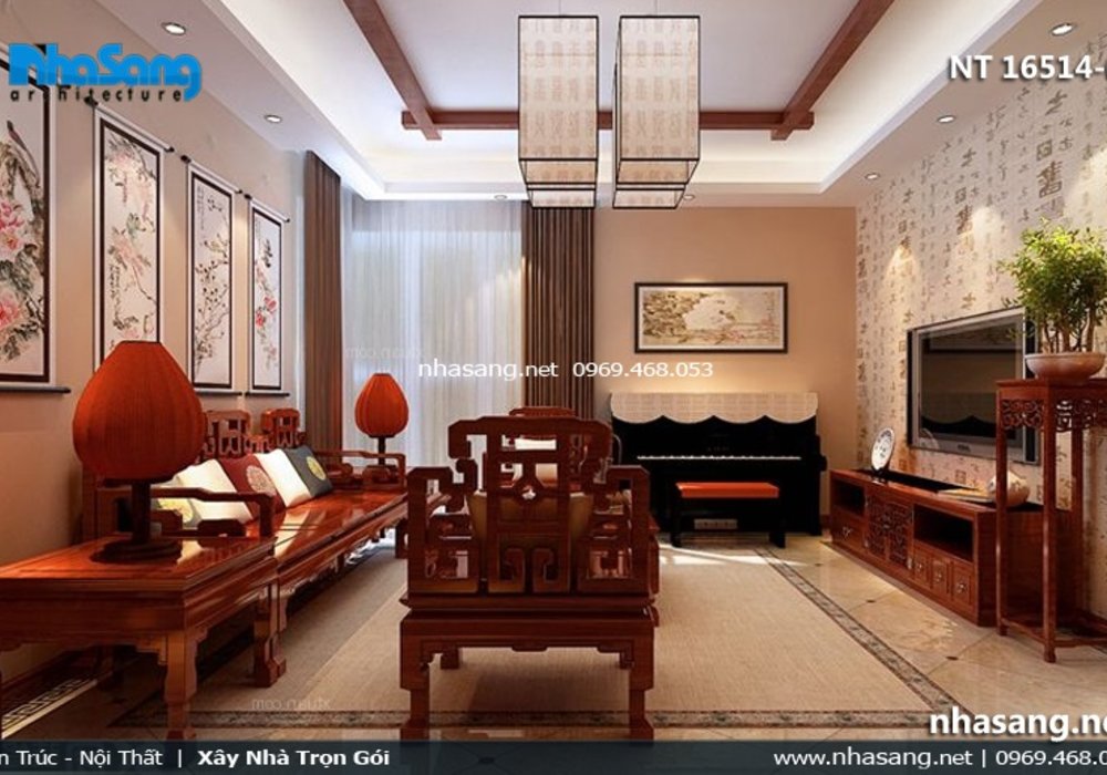 Mẫu phòng khách nhà ống 5m phong cách Á Đông NT16514