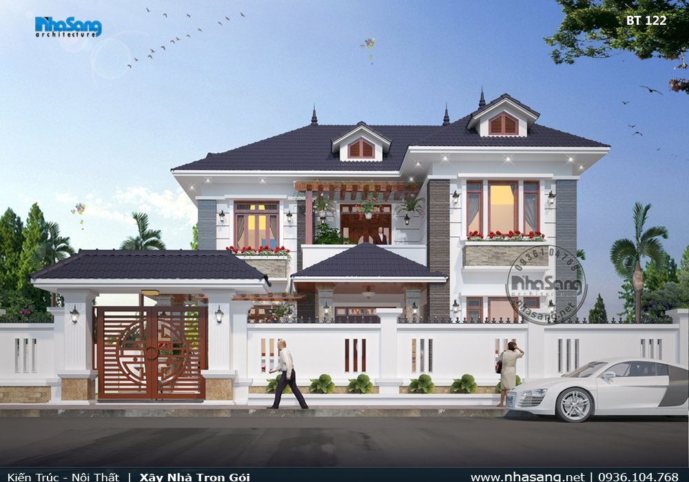 Mẫu thiết kế nhà vườn 120m2 chữ l 2 tầng mặt tiền 14x10m 4 phòng ngủ BT122