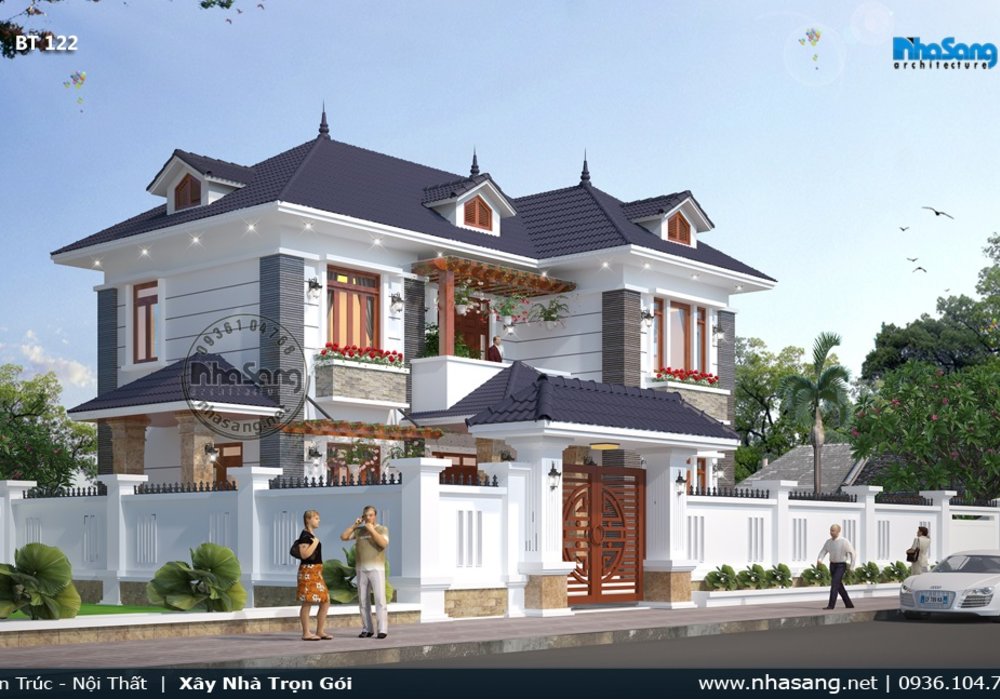 Mẫu thiết kế nhà vườn 120m2 chữ l 2 tầng mặt tiền 14x10m 4 phòng ngủ BT122