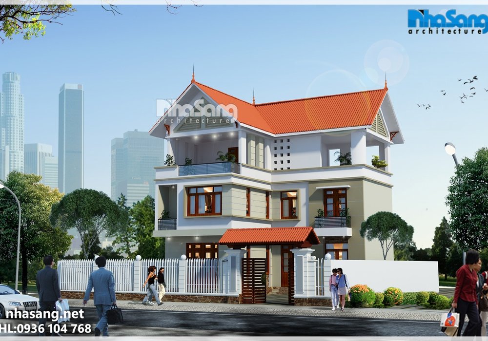 Mẫu nhà 3 tầng chữ L mái thái BT16020