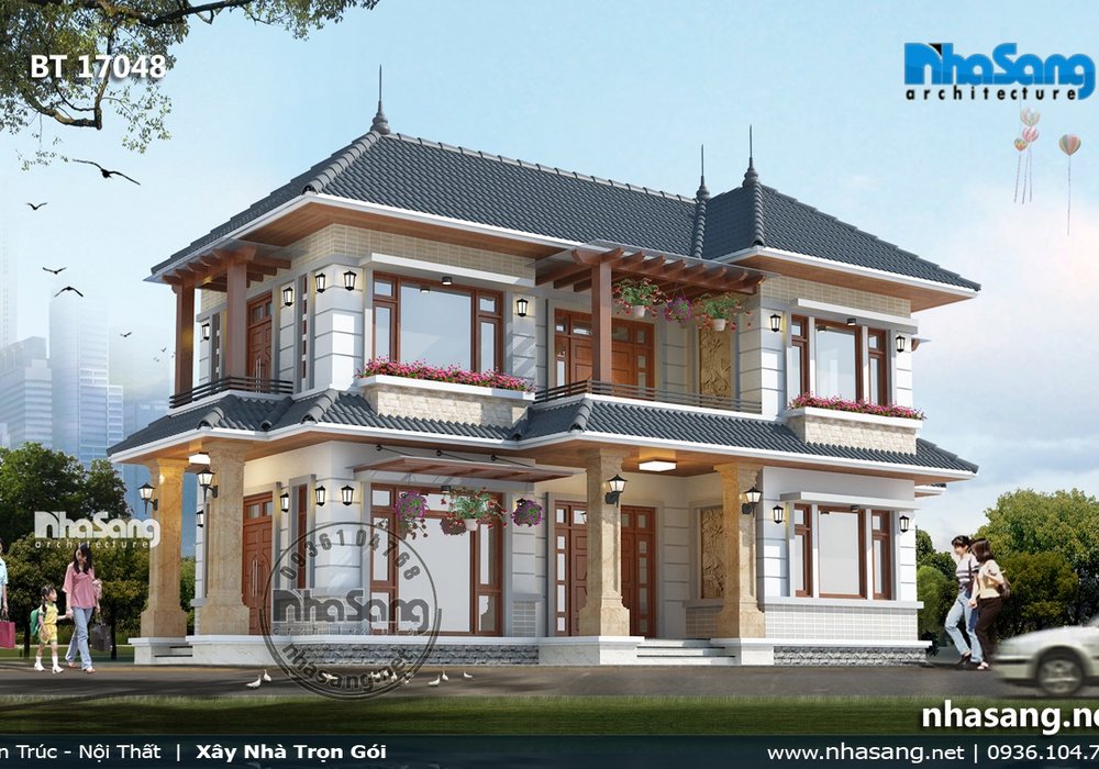 Thiết kế nhà vườn chữ L mái thái kiểu Châu Âu BT17048