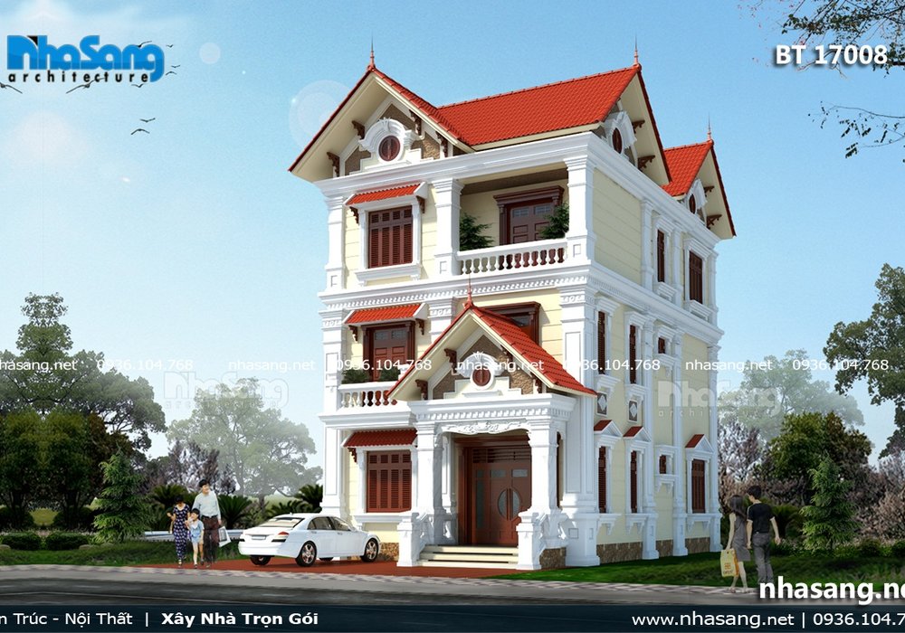 Mẫu thiết kế nhà 3 tầng kiểu Pháp mái thái BT17008