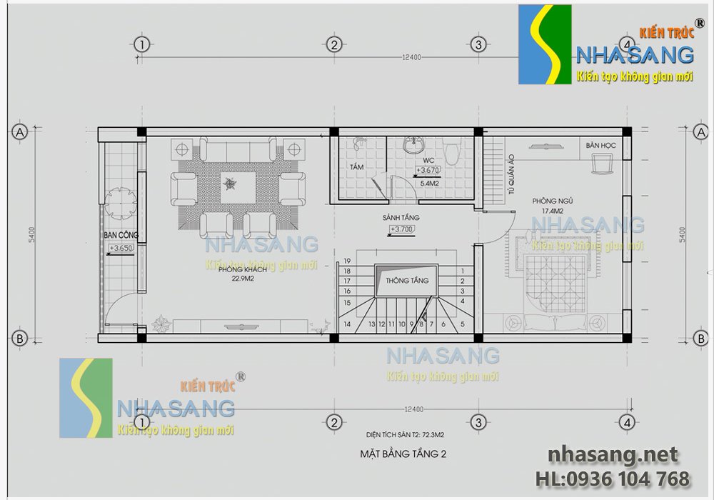 Thiết kế Nhà ống 3,5 tầng 5,4m x 12,4m BT14077 | kiến trúc mẫu nhà biệt thự phố kiểu pháp