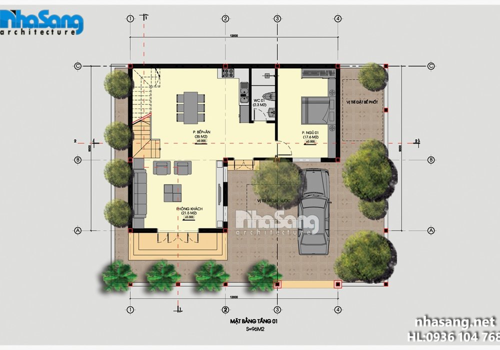 Mẫu nhà 3 tầng chữ L mái thái BT16020