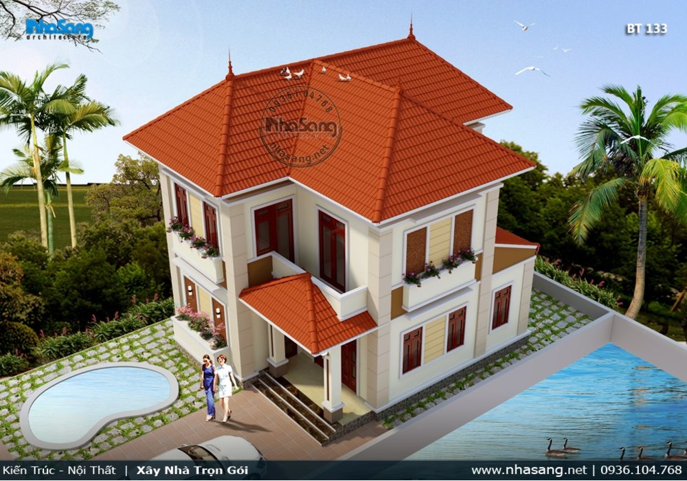 Mẫu nhà 2 tầng nông thôn 90m2 4 phòng ngủ BT133