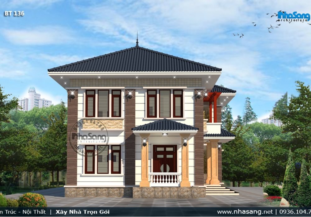 Thiết kế biệt thự vườn 150m2 2 tầng mặt tiền 12m x 13m BT136