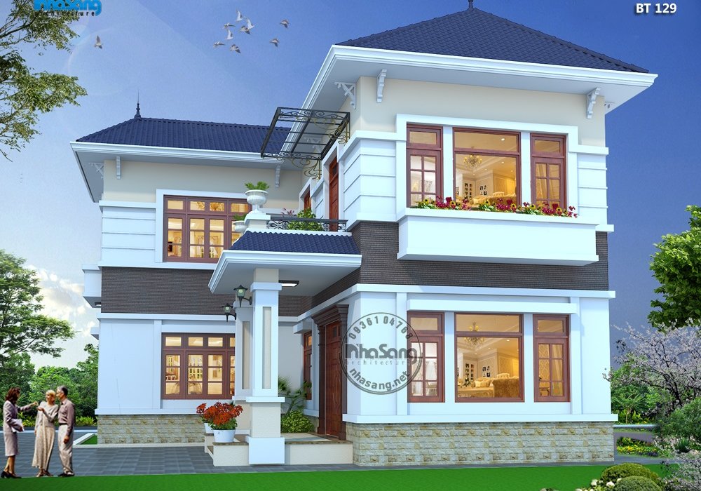 Nhà vườn 2 tầng đẹp ở nông thôn 120m2 chữ L mái thái BT129