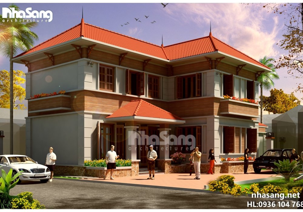 Mẫu thiết kế biệt thự Nhà vườn đẹp 2 tầng chữ L BT14160- biệt thự phố kiểu pháp