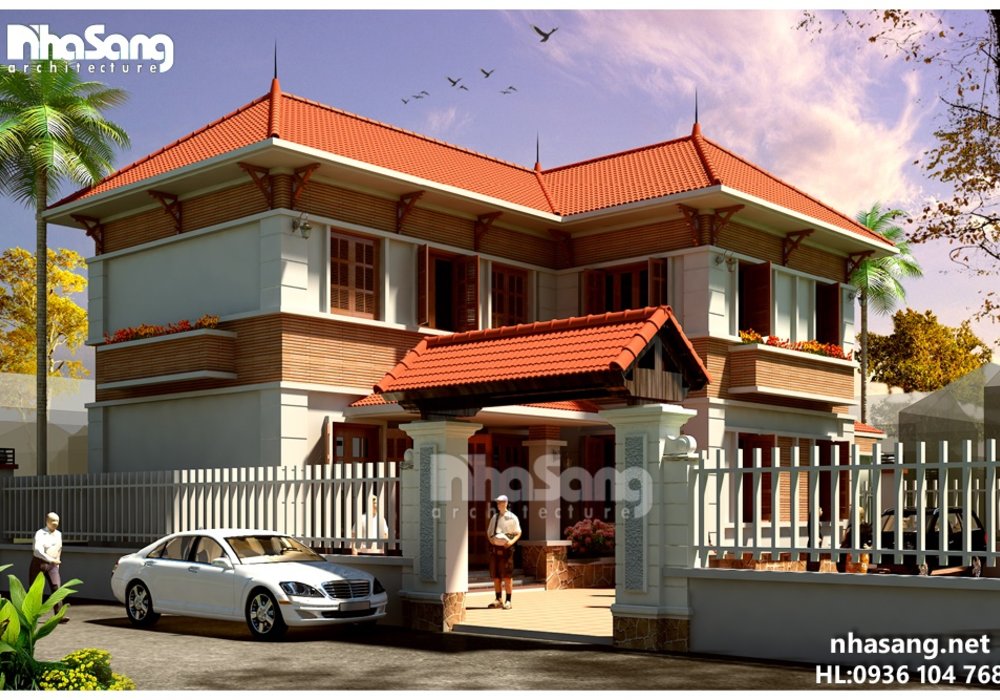 Mẫu thiết kế biệt thự Nhà vườn đẹp 2 tầng chữ L BT14160- biệt thự phố kiểu pháp