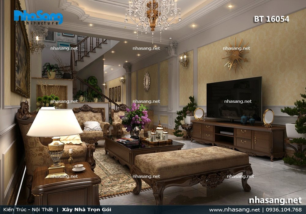 Nội thất tân cổ điển gỗ biệt thự mặt tiền 4.7m NT16054