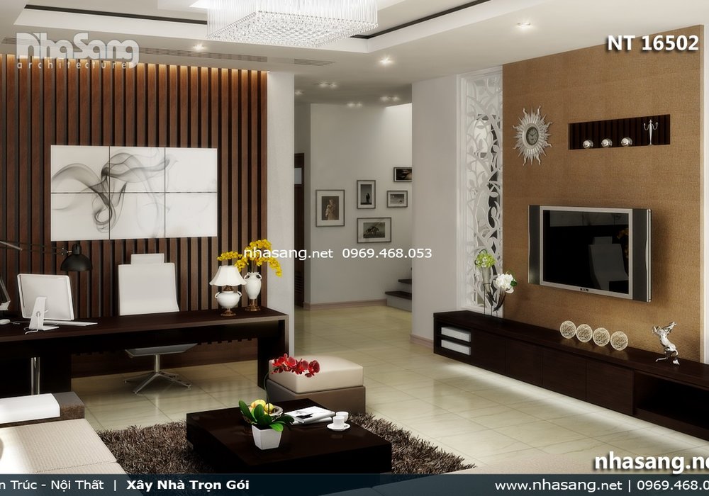 Nội thất phòng khách nhỏ hẹp bằng gỗ tự nhiên NT16052