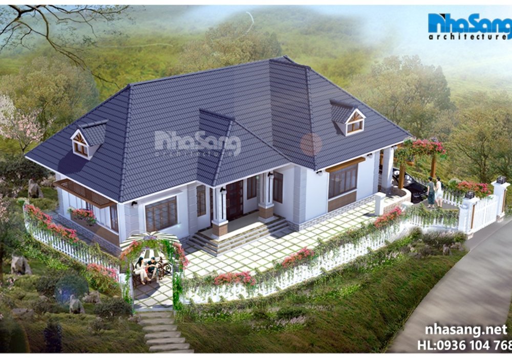 Nhà vườn đẹp chữ L phong cách Châu Âu 1 tầng BT16004