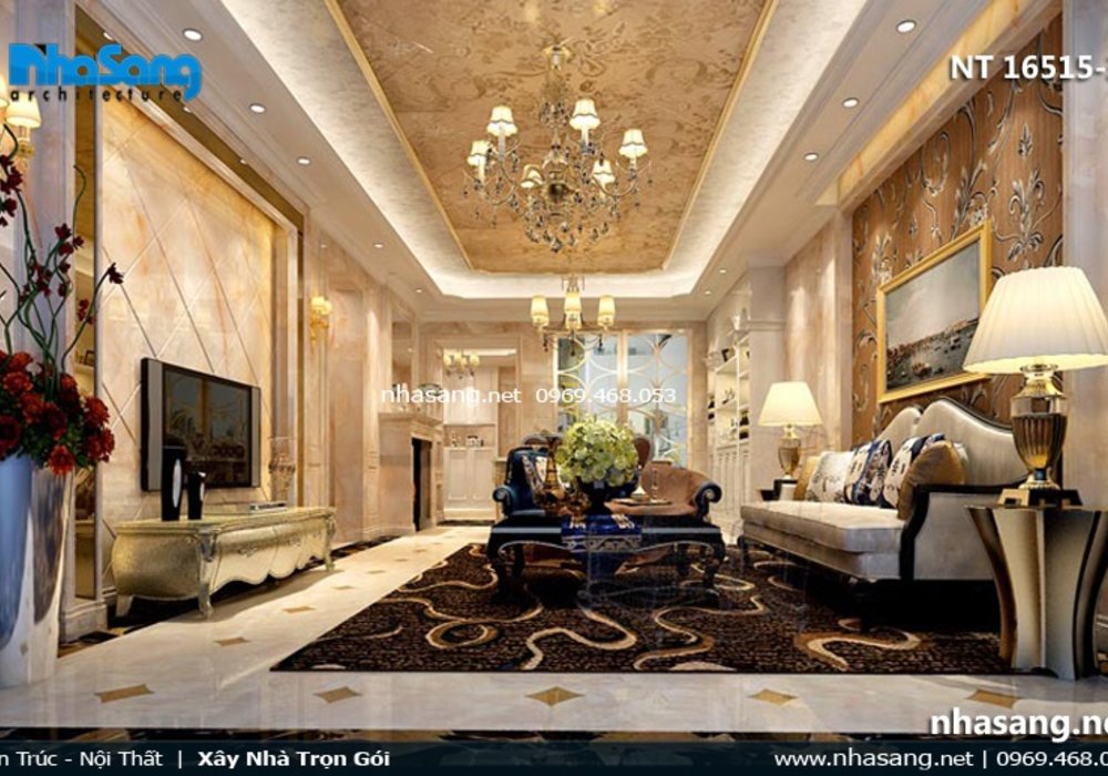 Mẫu phòng khách đẹp nhà ống 5m phong cách tân cổ điển NT16515