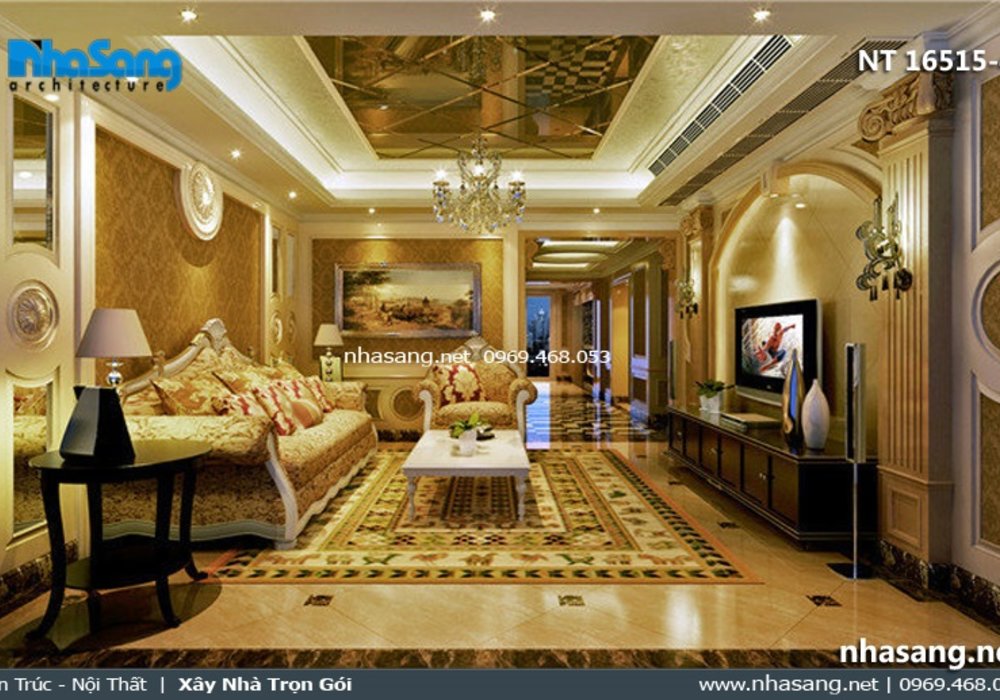 Mẫu phòng khách đẹp nhà ống 5m phong cách tân cổ điển NT16515