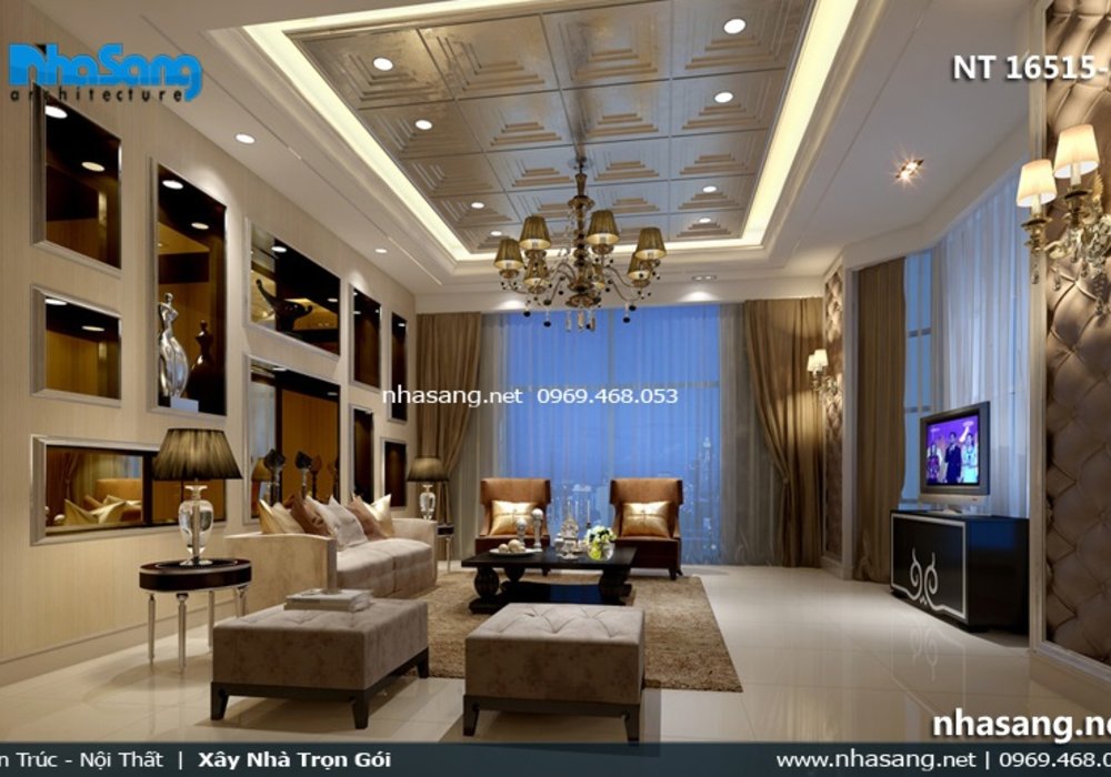 Mẫu phòng khách đẹp nhà ống 5m phong cách tân cổ điển NT16515