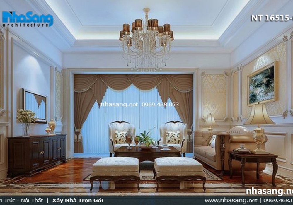 Mẫu phòng khách đẹp nhà ống 5m phong cách tân cổ điển NT16515