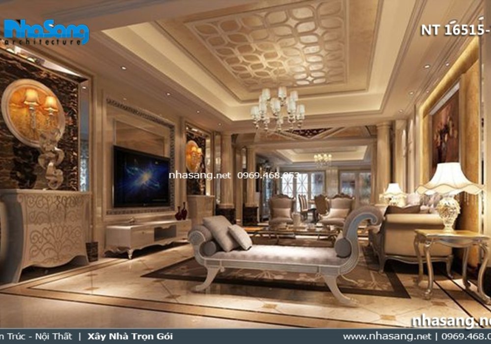 Mẫu phòng khách đẹp nhà ống 5m phong cách tân cổ điển NT16515