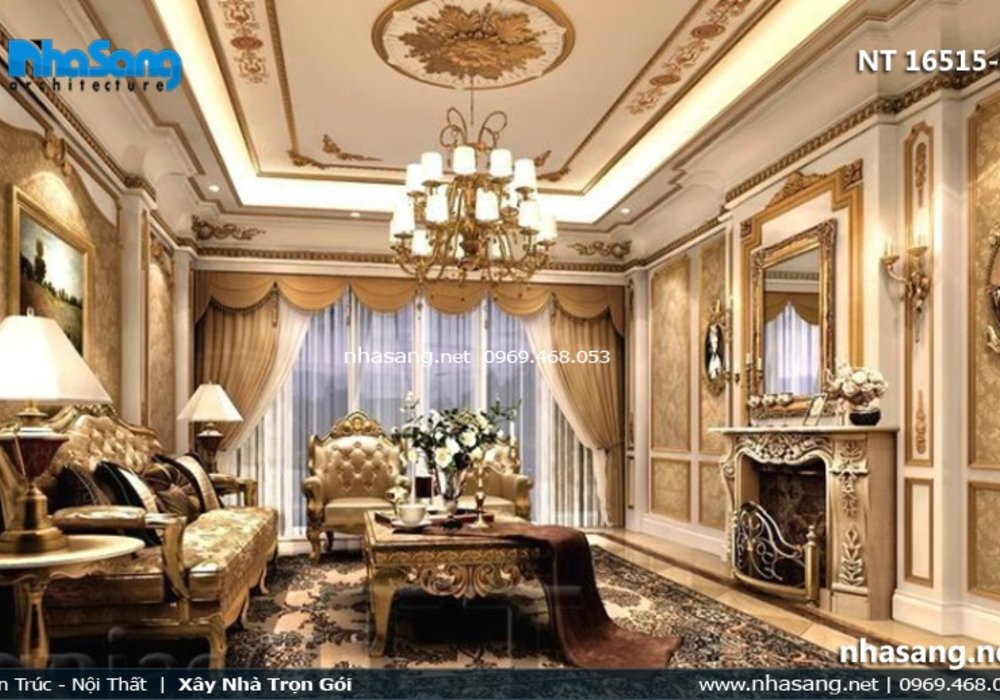 Mẫu phòng khách đẹp nhà ống 5m phong cách tân cổ điển NT16515