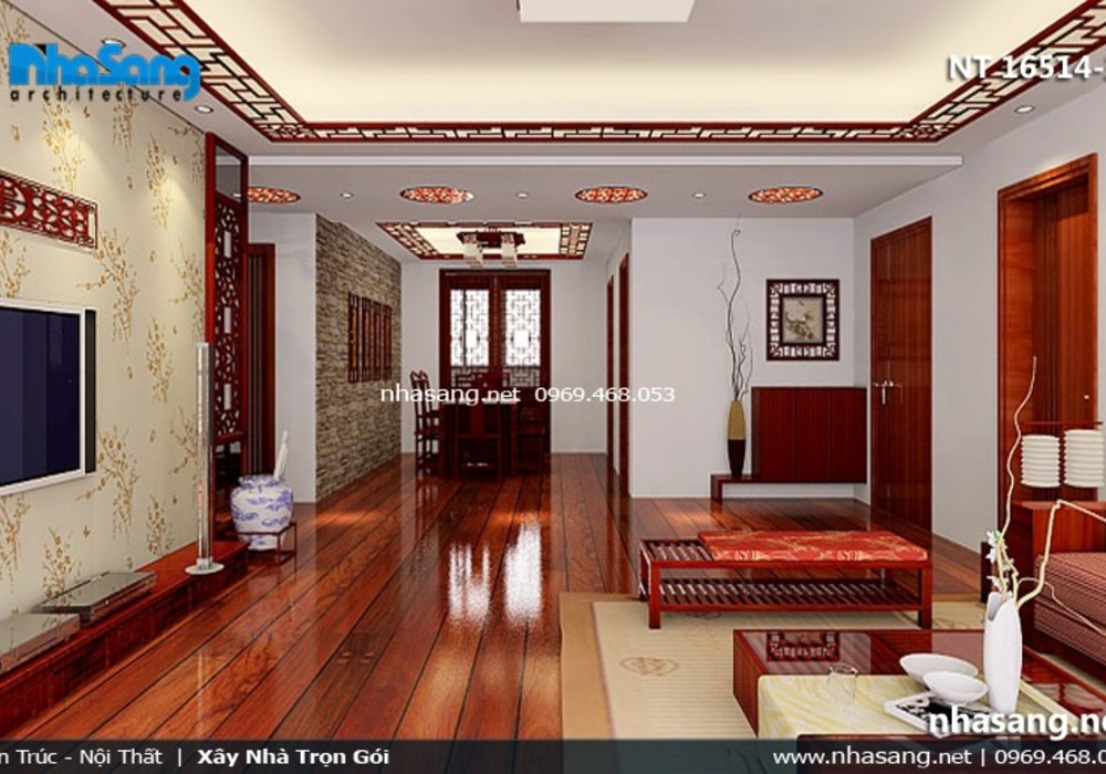 Mẫu phòng khách nhà ống 5m phong cách Á Đông NT16514