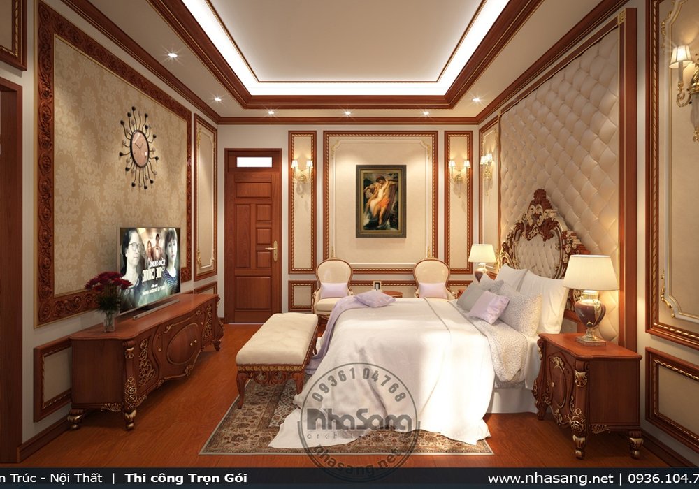 Thiết kế nội thất biệt thự tân cổ điển với gỗ gõ BT17357