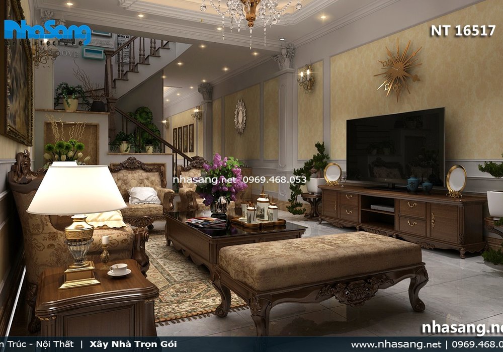 Ấn tượng với gam màu trầm của Sofa gỗ óc chó cho nội thất phòng khách nhà ống 5m NT16517