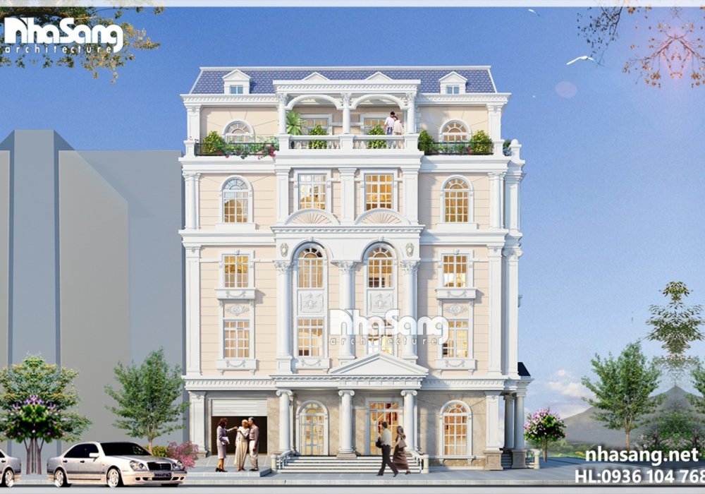 Mẫu biệt thự Pháp đẹp: Thiết kế nhà ở và kinh doanh karaoke 5 tầng mặt tiền 8,6m BT14185